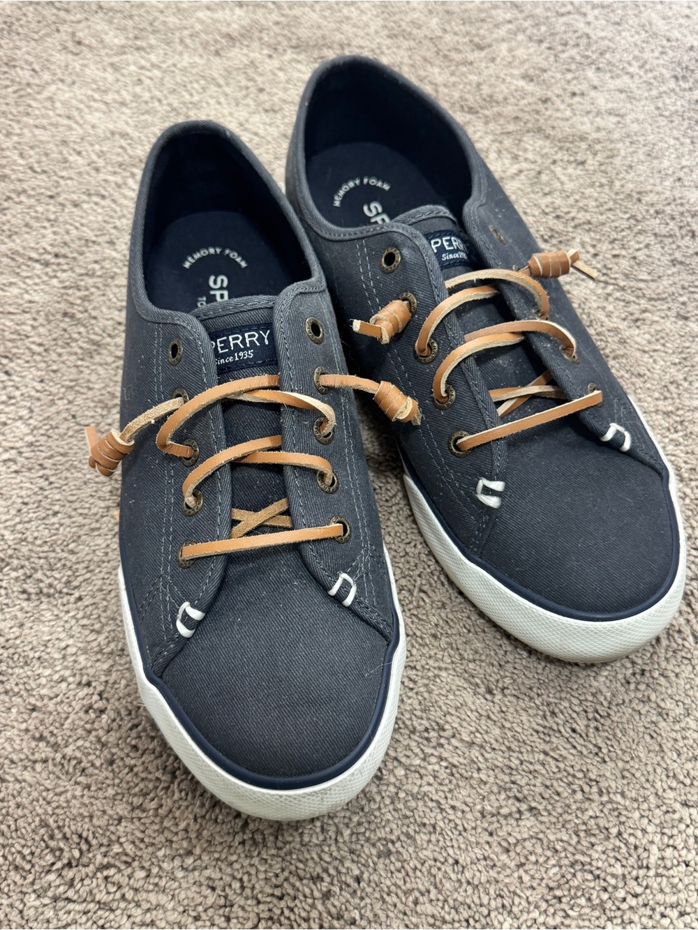 Sperry Navy Canvas Boat Shoes with Tan Laces